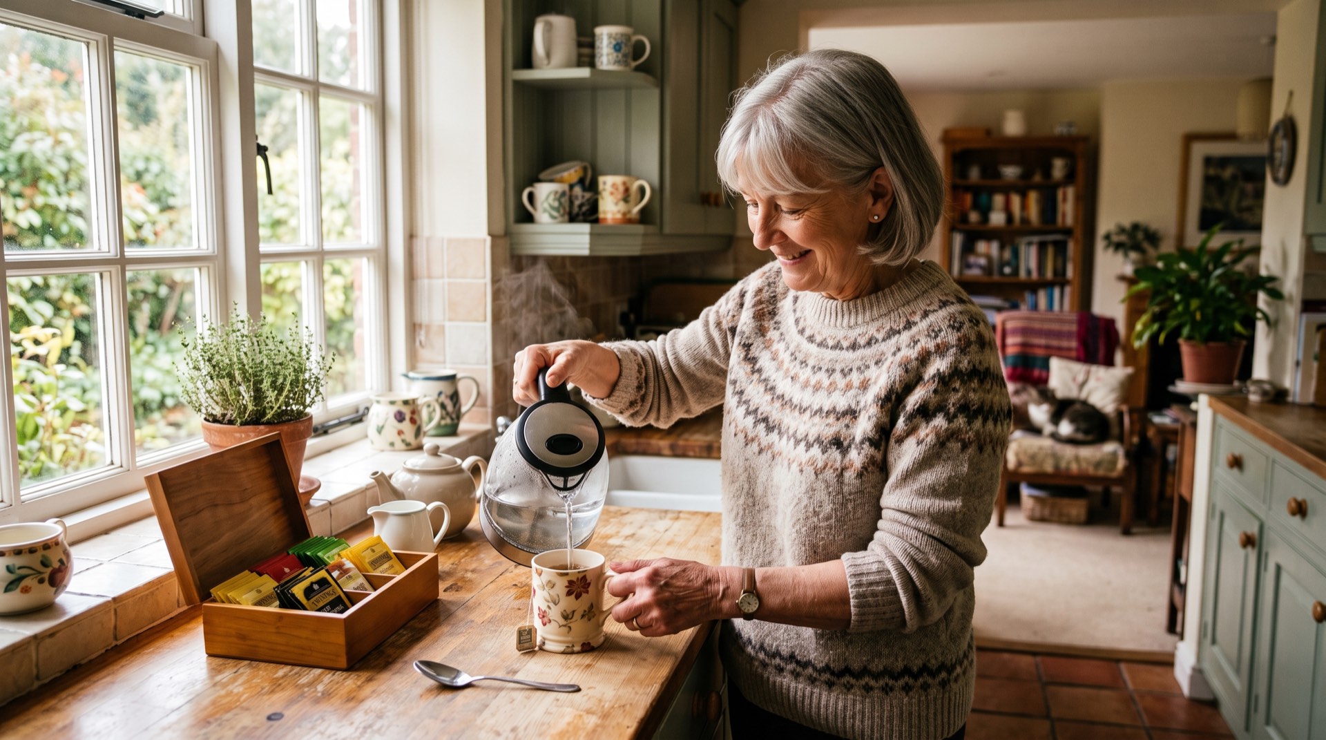 An older woman making tea in her own kitchen